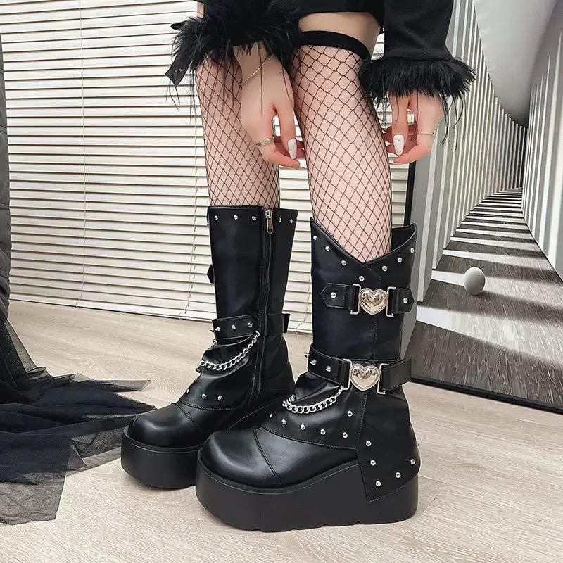 Fashion Heightened Wedge Heel Boots Autumn New Round Toe Studded Metal Buckle Side Zipper Platform Non-Slip Mid-Tube Boots