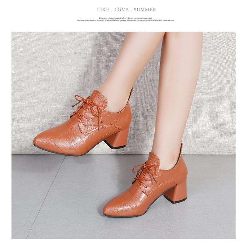 Women's Shoes Spring and Autumn Lace-up Small Leather Shoes Women's British Soft Leather Pointed Toe Deep Thick Heel Medium-heeled Single Shoes