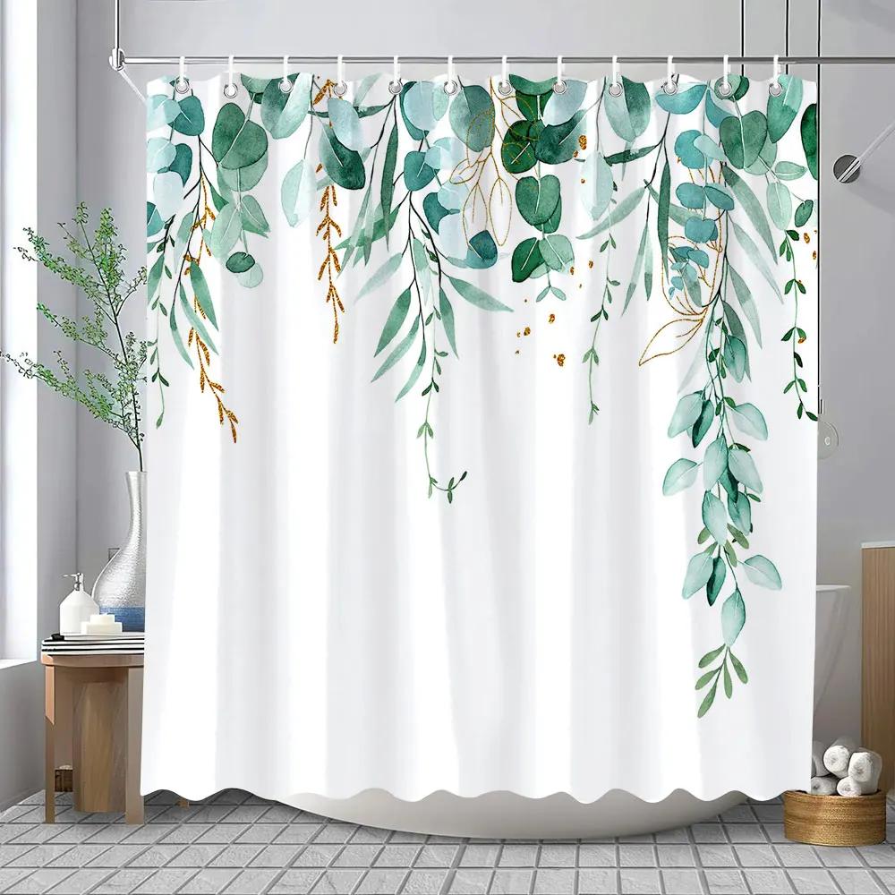 Watercolour Botanical Floral Leaf Shower Curtain Polyester Fabric Washable Home Bathroom Curtains Bathroom Decoration With Hooks