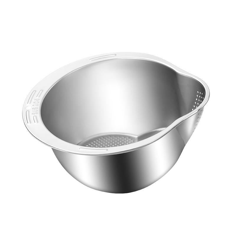 304 Food Grade Stainless Steel Multi-Purpose Basin for Rice, Vegetables & Fruits with Punching Sieve and Slanted Bottom
