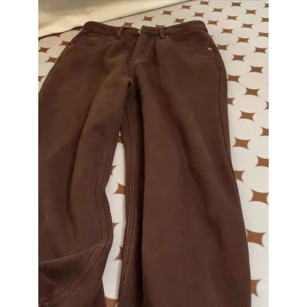 

American Retro Coffee Velvet Wide-Leg High-Waist Slimming Jeans - Women s Winter Straight-Leg Floor-Length Pants S (Sugg. 80-95 jin)