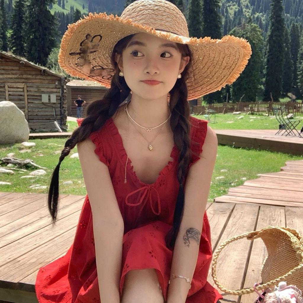 Lace straw hat women's summer bow large brim sunshade sun hat seaside vacation beach sun hat