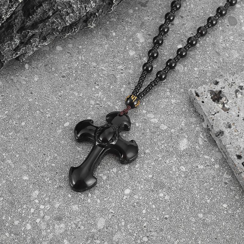 Obsidiaan Kristal Kruis Stijl Retro Mode Licht Luxe Sieraden Hanger Ketting