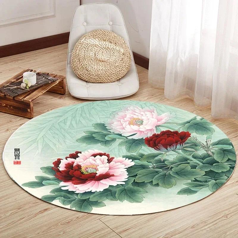 Lotus Flower Round Carpet Living Room Bedroom Yoga Mat Rugs Chinese Style Retro Non-slip Chair Mat Home Decoration Floor Mats
