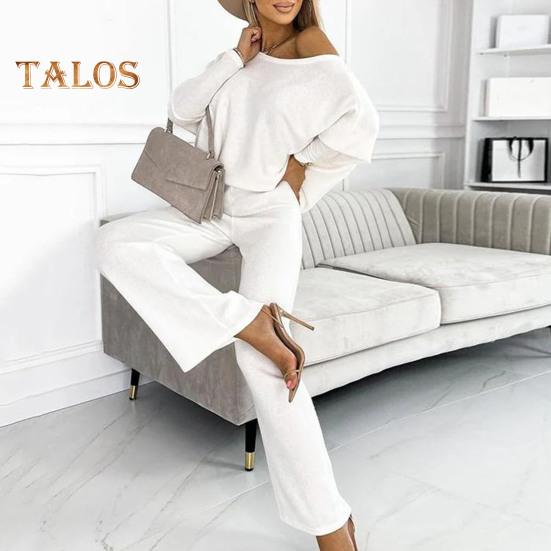 2 Pcs/Set Women Top Pants Set Round Neck Long Sleeves Sweatshirt Elastic Waist Wide Leg Sweatpants Sport Outfit Autumn Casual Tracksuit