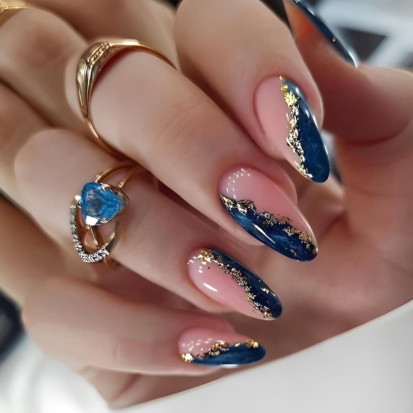 24PCS False Nails Pink Blue Fake Nails with Gold Foil Press On Nails Artificial Manicure Tool Nail Tips Wearable Fake Nails