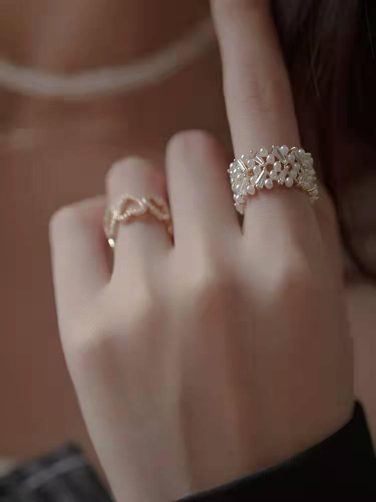 Trendy Openwork Leaf Pearl Ring for Women - Stylish High-End Design Adjustable Open Size