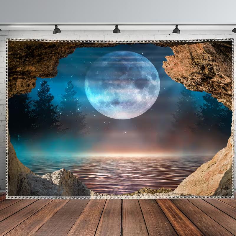 2D Moonlight Cave Lake Tapestry Full Blue Moon Nature Wall Art 47.2x31.5inch/120*80cm