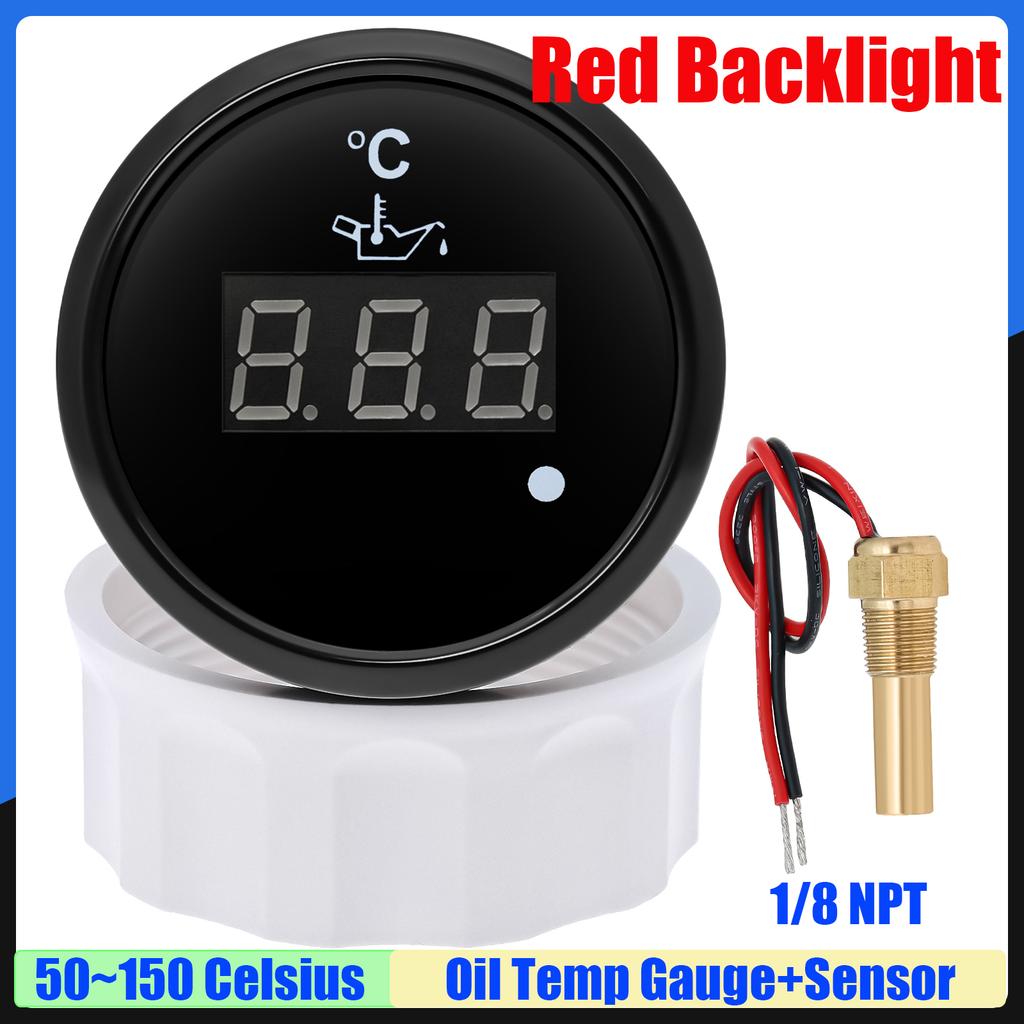 Red Light 52mm Oil Temperature Gauge+Sensor with Alarm Digital 50~150 Celsius Oil Temp Meter for Marine Boat Car 12V24V Custom