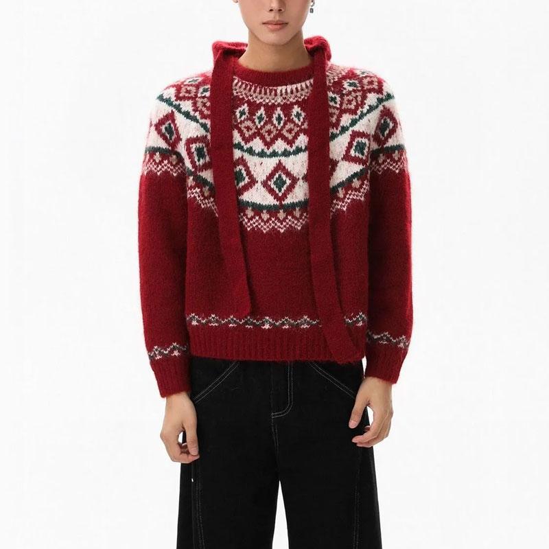 

Casual American Christmas Fair Isle Pullovers Knitted Men s Clothing Round Neck Autumn Winter Loose Vintage Long Sleeve Sweaters L червоний