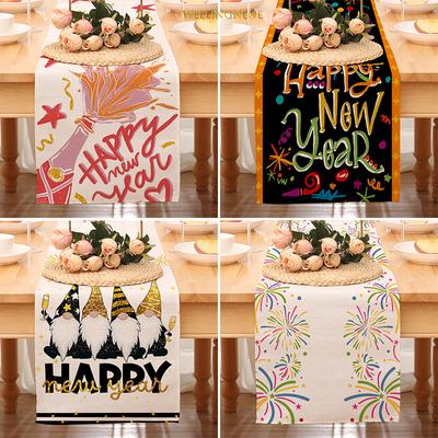 Camino de mesa de feliz año nuevo, decoración de restaurante de año nuevo, mantel de ambiente, mantel de lino resistente a las manchas, bandera de mesa