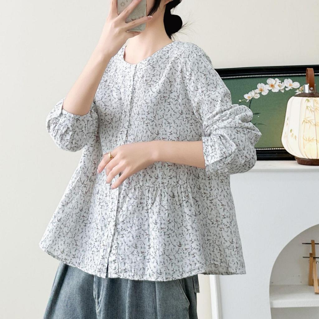 2026 Early Spring Double-Layer Floral Cotton Gauze Women's Long Sleeve Loose Casual Doll Shirt