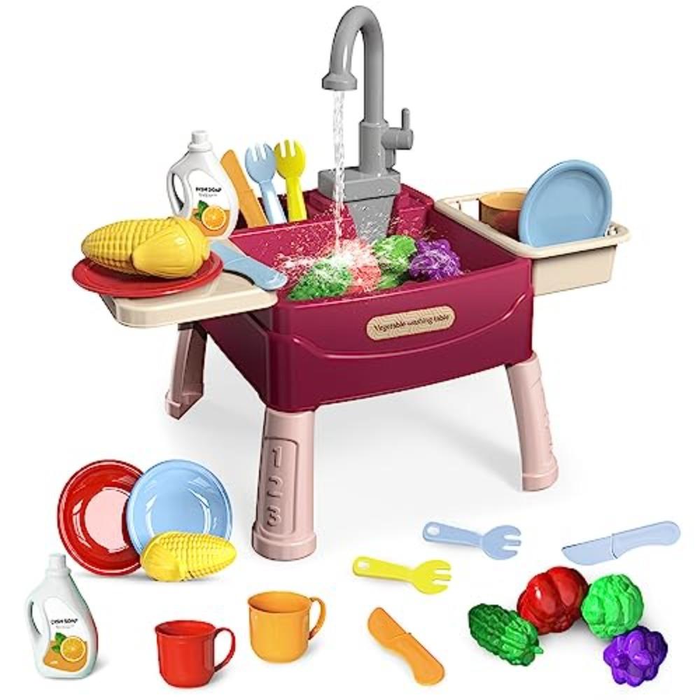 Kids Kitchen Play Sink Toy Set, Play Sink with Running Water, Kitchen Play Sink Toy Role Play Kitchen Set Gift for Boys Girls красный
