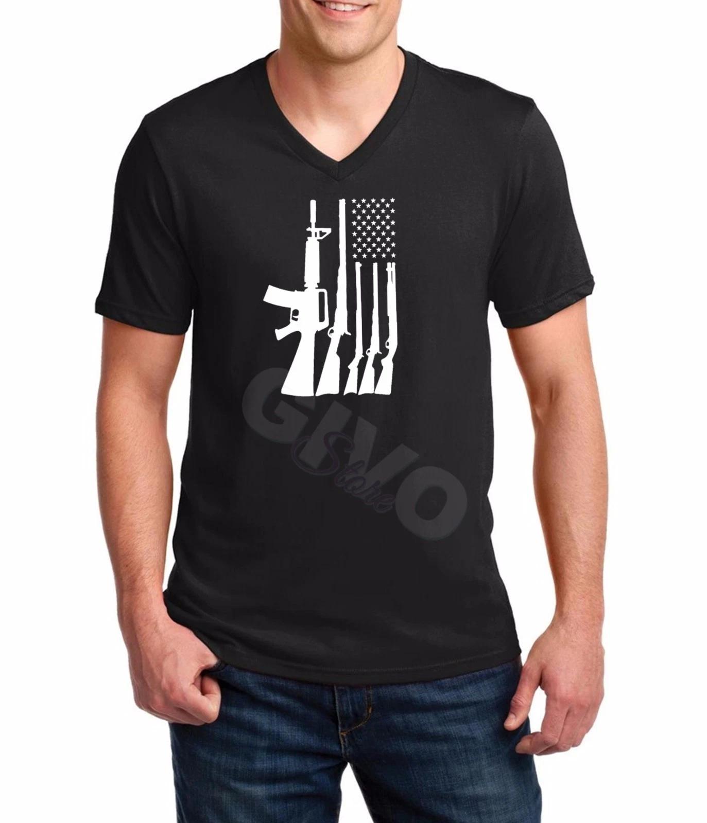 V-neck Gun Flag T-shirt Weapon Gun Rights USA American Freedom Shirt Tee S-XXXL S