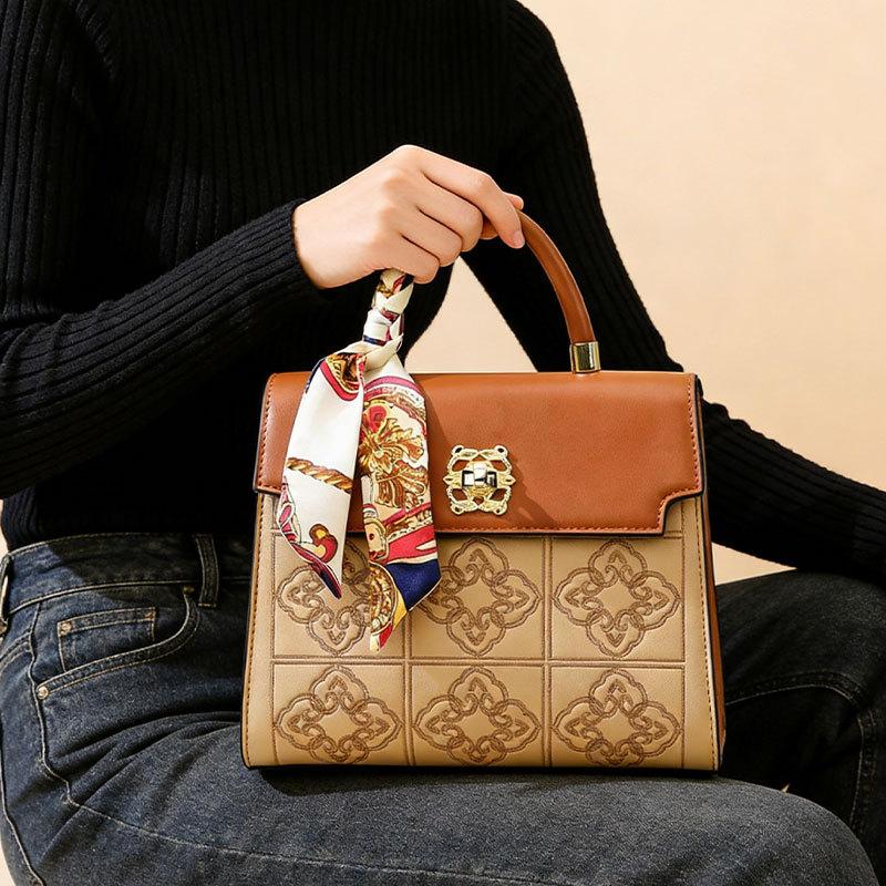 Women's Handbag with Chinese Style Embroidery Texture, Large Capacity, Fashionable Contrasting Color, Shoulder Bag, Wedding Companion Handbag