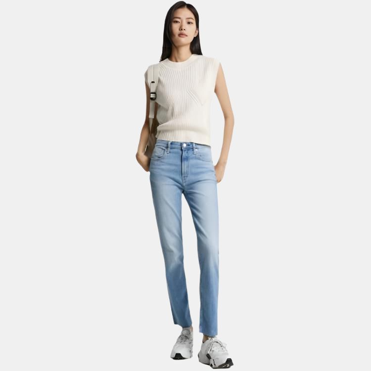 Calvin Klein Solid Color Asymmetrical Cut Sleeveless Knit Sweater Women Tops Cream J222846