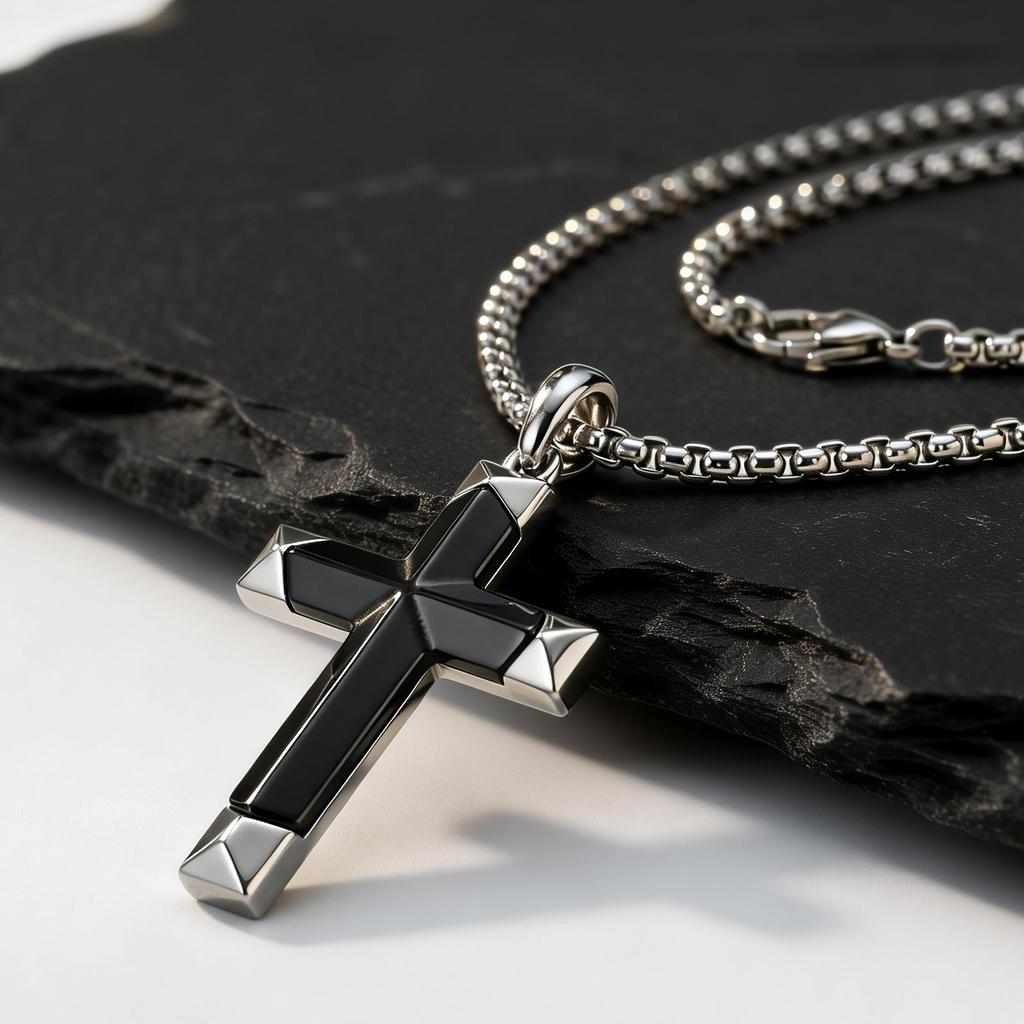 Luxe Natuurlijke Zwarte Onyx Kruis Ketting voor Mannen, Waterdichte Roestvrij Staal Kruis Hanger, Sieraden Cadeau voor Echtgenoot Vader Zoon