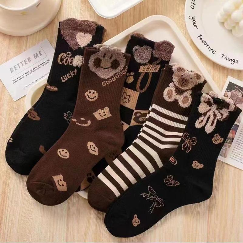 1/5 Pairs Women's Autumn Winter Mid Tube Socks Internet Famous Hot Item Instagram Trendy New Three-dimensional Cute Little Bear