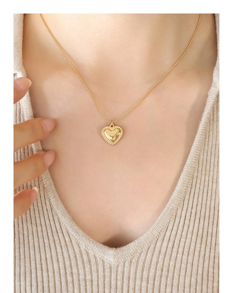 Trendy European & American Couples Peach Heart Necklace & Bracelet Set, Titanium Steel, 18K Gold Plated, Round Bead Chain.