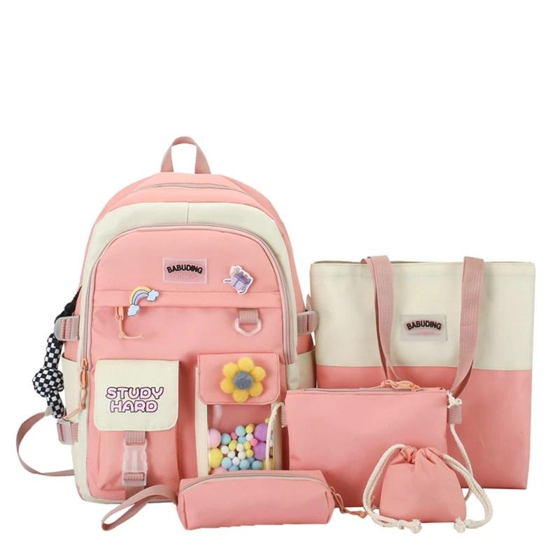 5pcs Sets Children's School Backpack Kawaii Women's Bagpack Bookbag Laptop Bag for Teens Girls  Students Totes Sac