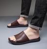 2025Summer Men's Slippers Lightweight PU Soft Leather Slippers Casual Peep Toe Beach Shoes for Men Non Slip Flat Slippers Slides