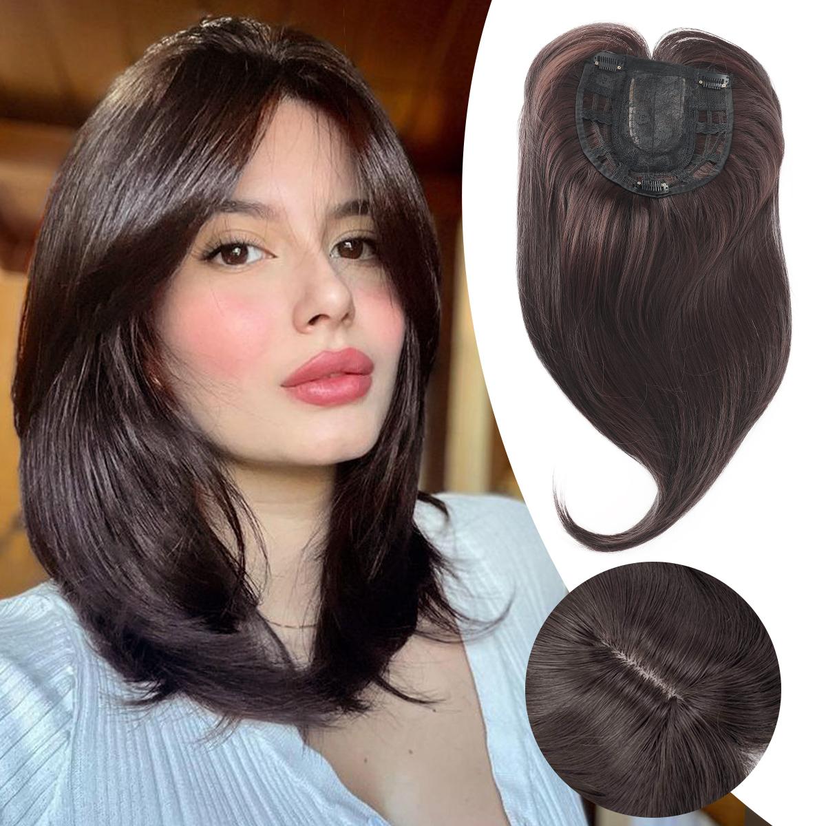 

14-дюймовая заколка для верхней части из синтетических накладных волос, накладки для волос с челкой для женщин с редеющими волосами