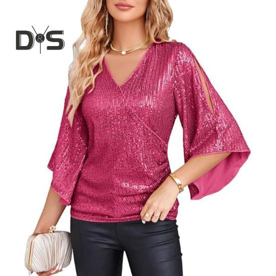 Women Top Shiny Sequin Hollow Out Three Quarter Horn Sleeve Solid Color V Neck Loose Pullover Soft Breathable Lady Commute Prom Blouse
