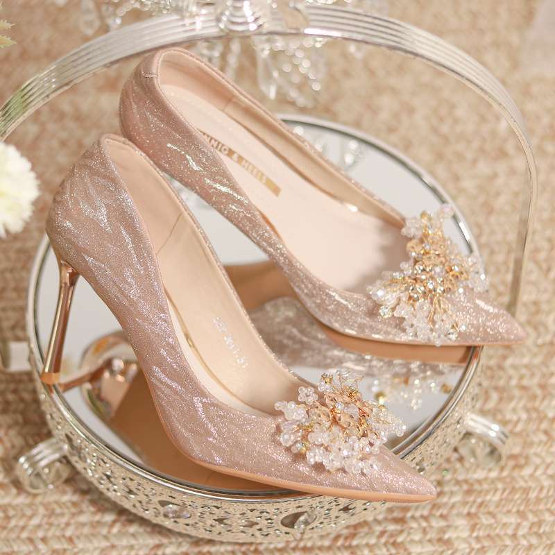 Champagne wedding shoes main wedding dress show two wear toast crystal shoes bride shoes gold engagement stiletto high heels women