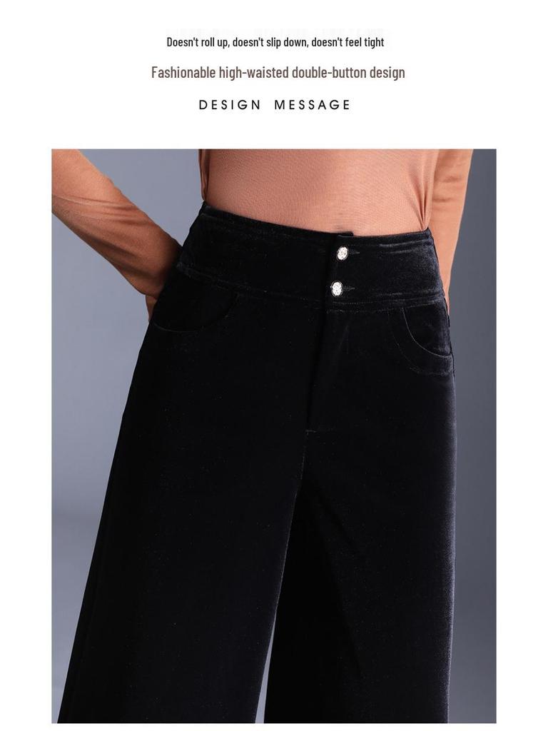 2025 High Waist Gold Samt Weitbein Damen Hose, Schlankmachend und Vielseitig für Herbst/Winter, Gerades Bein Bodenlang Drapierter Stil.