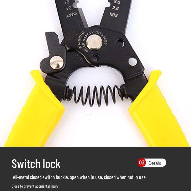 Yellow 6-Inch Multifunctional Wire Stripper with Built-in Spring Safety Lock, 65 Manganese Steel