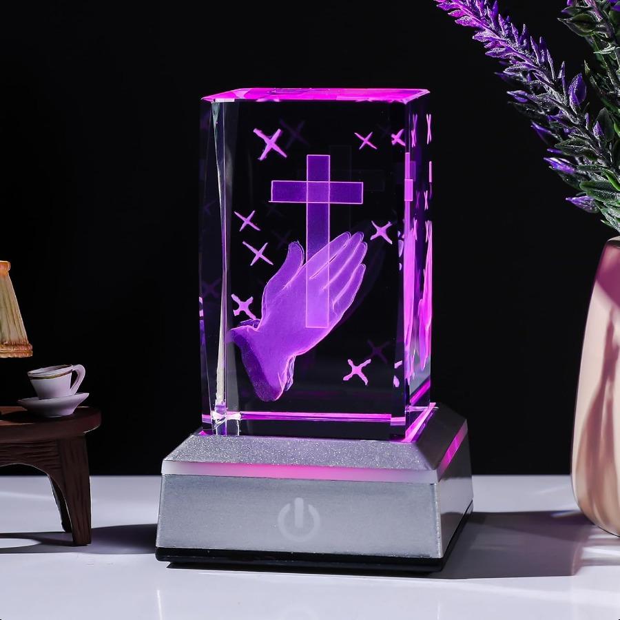 3D Crystal Praying Hands Christian Religious Gifts for Women Men Glass Laser Engrave Jesus Cross Figurine Cube Multicolor Led N