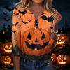 Women's Casual Halloween Print V Neck Button Front Three Quarter Sleeve T Shirt Top for Fall Seasonal Wear