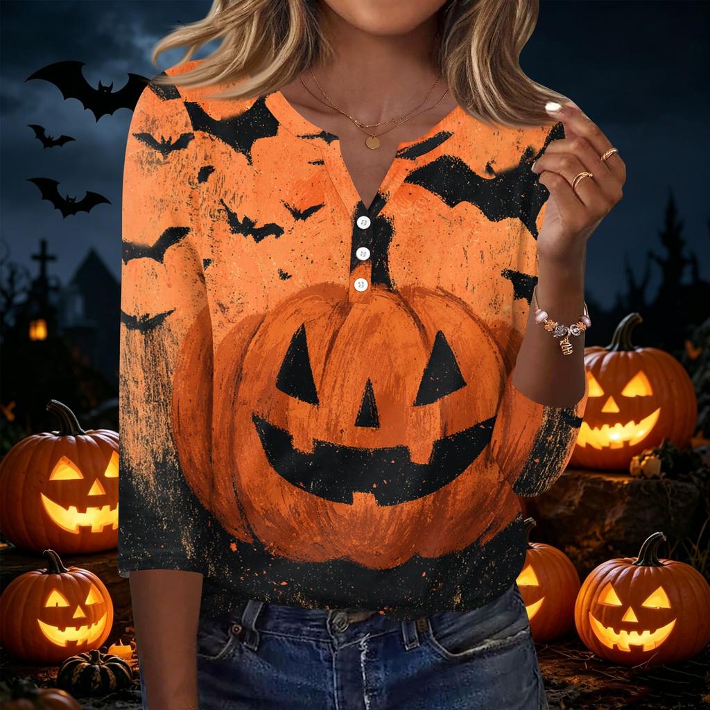 Women's Casual Halloween Print V Neck Button Front Three Quarter Sleeve T Shirt Top for Fall Seasonal Wear