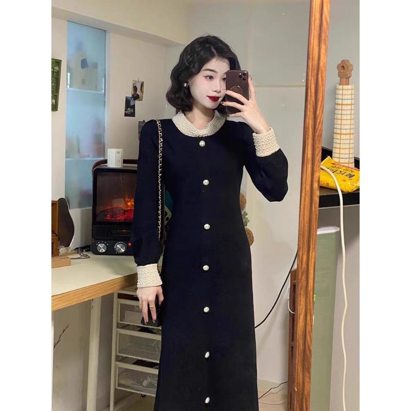 

Small black dress, high-end exquisite long sweater with black knitted dress inside, women s autumn and winter S чёрный
