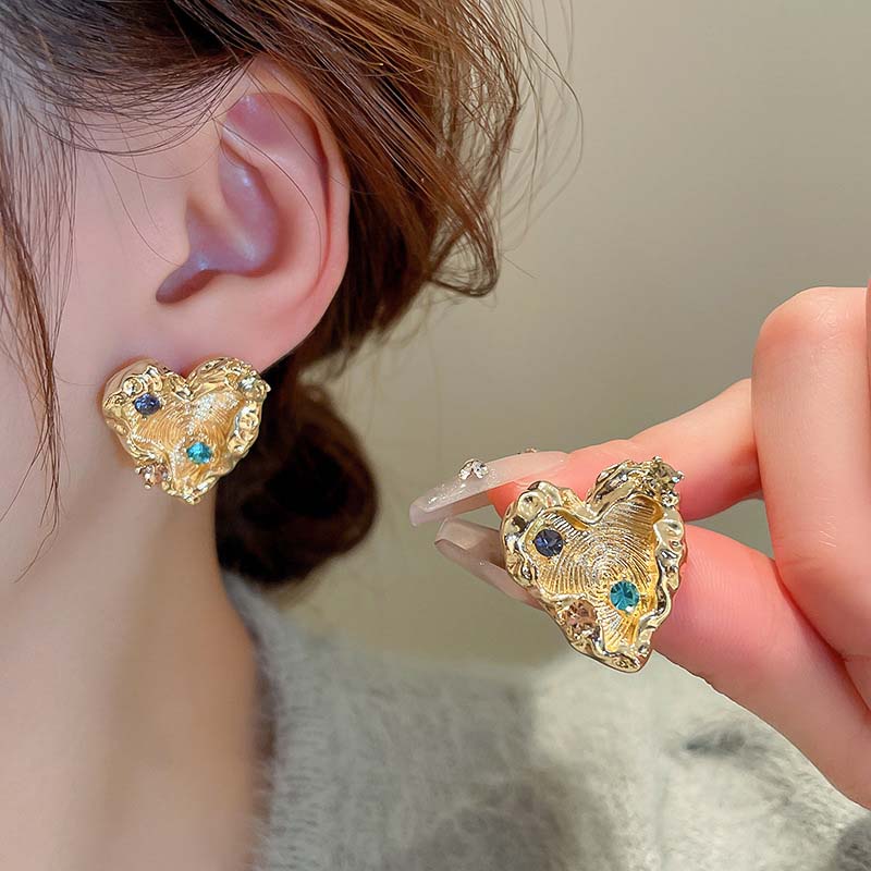 Stud Heart Zircon Vintage Colorful Earrings For Women Fashion Silver Color Irregular Textured Earrings 2023 Trend