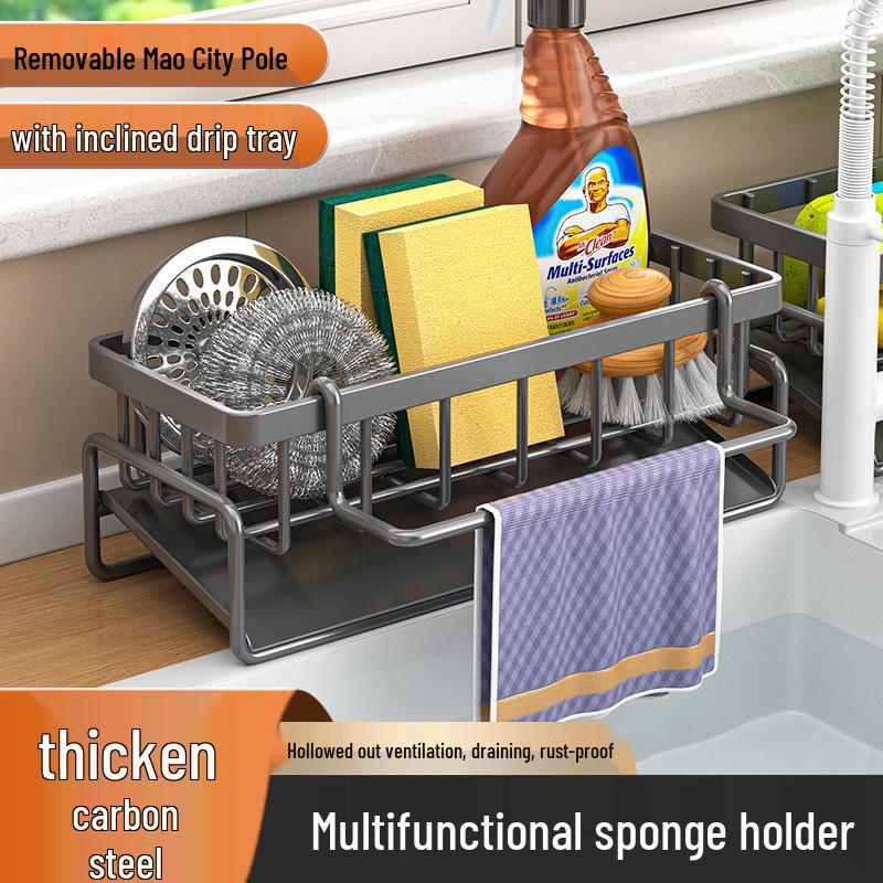 Multifunctional Wall-Mounted Kitchen Drainer Rack – New Style, Multi-Layer Carbon Steel Dishcloth Storage