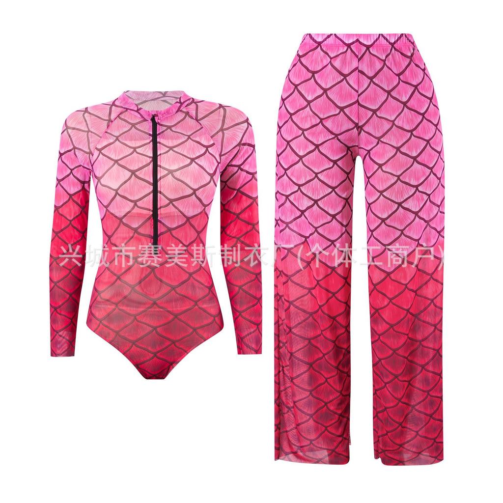Russian Fish Scale Mesh Long Sleeve Swimsuit