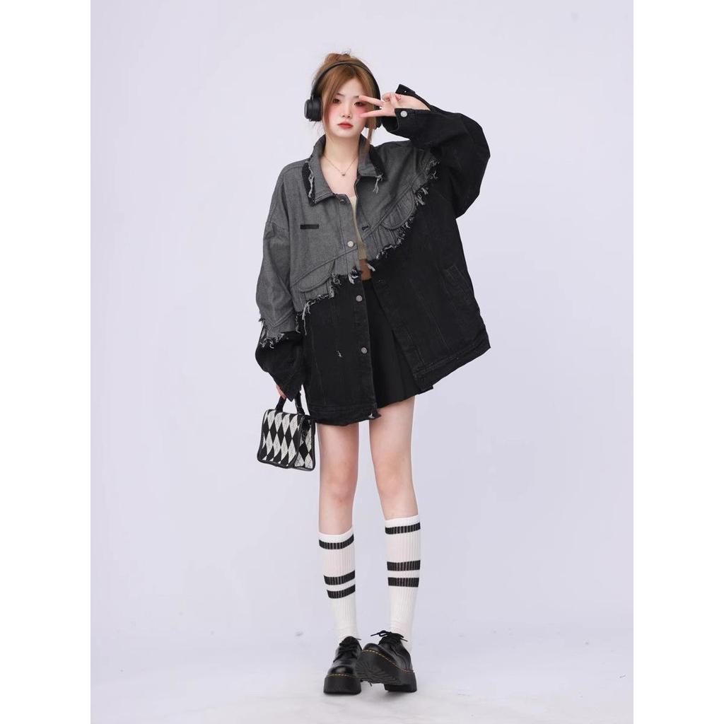 Unisex Schwarze Denim Patchwork Jacke - Lässiger Retro-Stil für Frühling/Herbst 2026