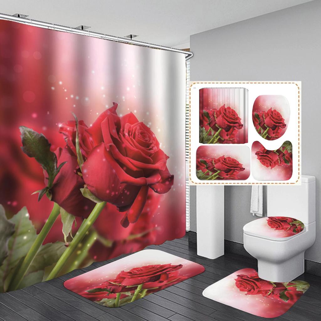 Rose Flower Waterproof Polyester Shower Curtain Set Nature Flowers Bathroom Curtains Set Non-Slip Bath Rug Toilet Cover Mat