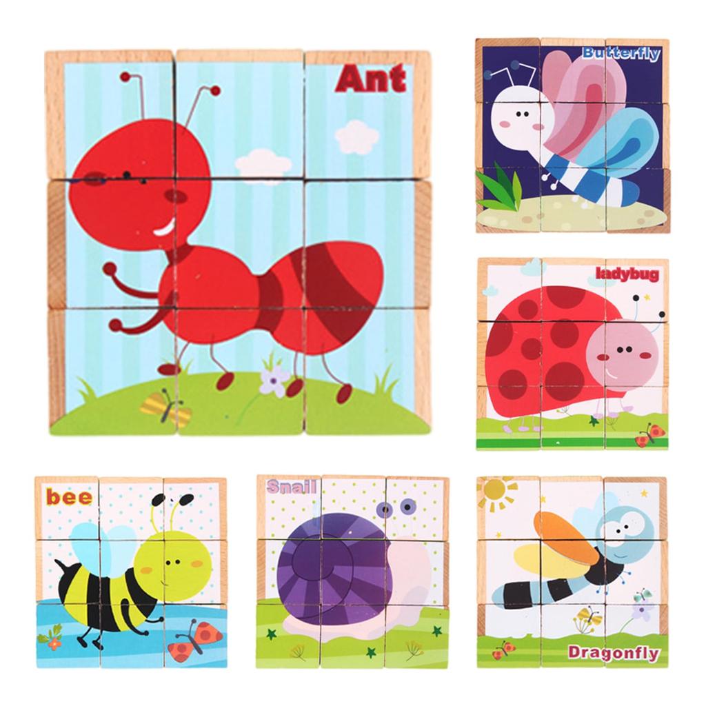 Cube 3D Wooden Shape Puzzle Thinking Educational Birthday Gift Puzzle, Puzzle, Matching, Three-Dimensional Toy, Assembly, Six-Sided Picture, Animals,