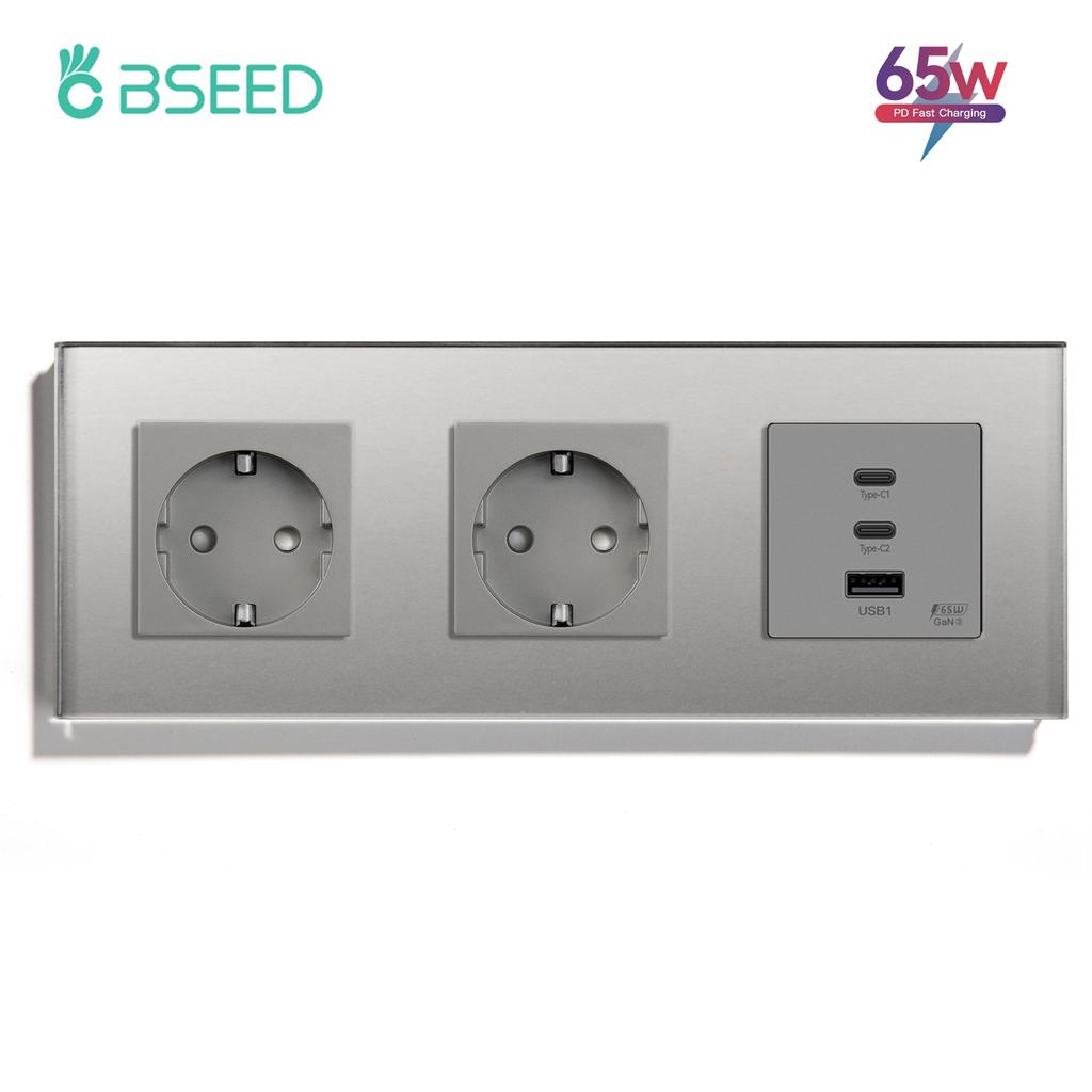 BSEED Power Sockets Electric Outlets Plus Dual Type-c USB Fast Charging Ports 65W 3A Glass Frame EU Standard Wall Embedded