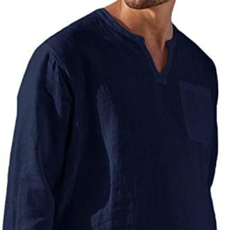 Fashion Men's Long Sleeve V-Neck Casual Beach Linen Shirt Men's Tops