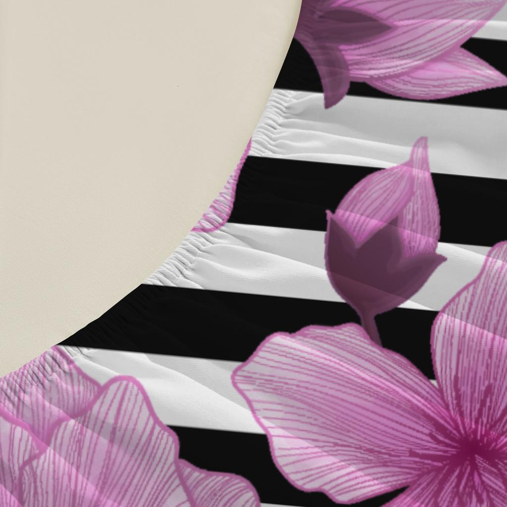 3pcs Fitted Sheet Set Pink Roses On Black And White Stripes Bed Sheet With Pillowcases For Bedroom Decor