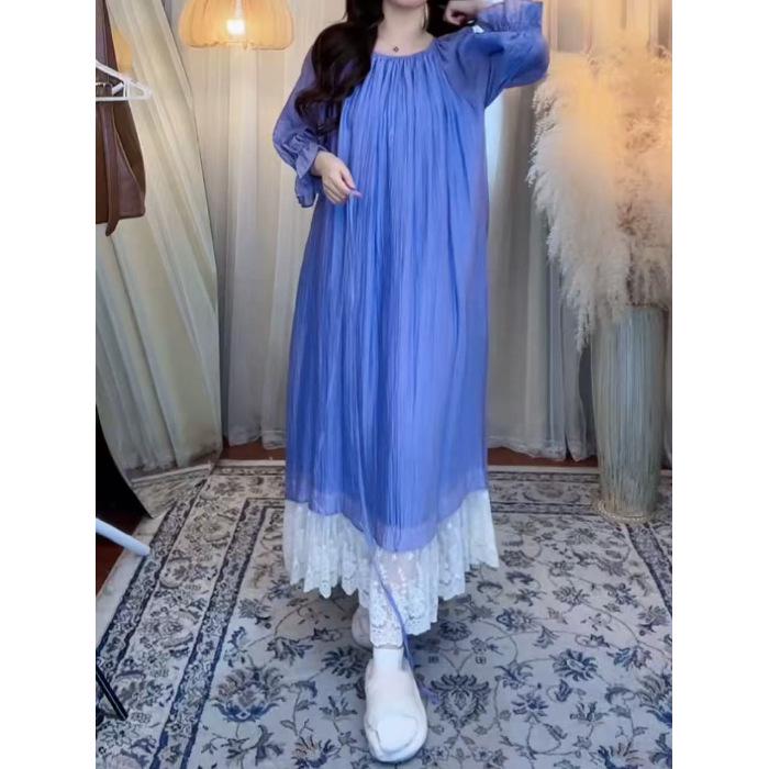 

Elegant Spring Blue & White Color-Block Lace Patchwork A-line Dress Extra Large синій