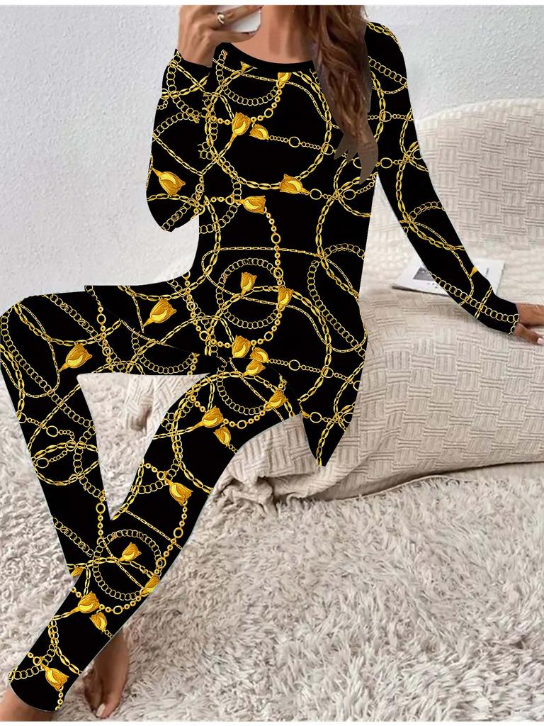 Euro-American Fashion 3D Geometry Printed Women's  Four-season Long-sleeved T-shirt + Long Pants Two-piece Set. Perfect Gift for New Year & Christmas