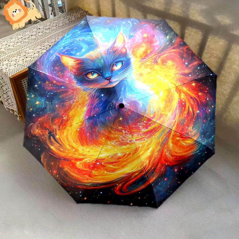 1 PC Automatic Folding Umbrella - Cosmic Cat Pattern, Portable & Foldable Design with 8 Ribs, Christmas Birthday Gifts