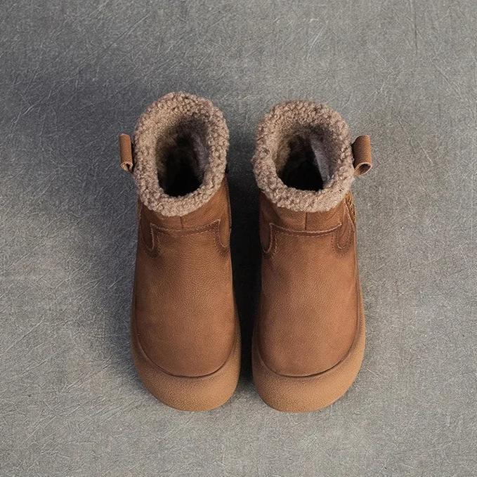 Johnature Plush Warm Retro Genuine Leather Thick Bottom Short Boots Versatile Soft Soled Women's Shoes