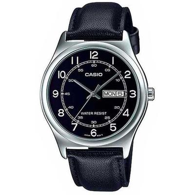Чоловічий аналоговий годинник Casio MTP-V006L-1B2 з чорним шкіряним ремінцем, чорним циферблатом з цифрами, індикацією дня тижня та дати, для повсякденного носіння.