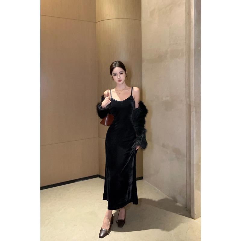 Hong Kong Retro Autumn Sexy Collar Velvet Suspender Skirt High-end Temperament with Long Dress Women S чёрный