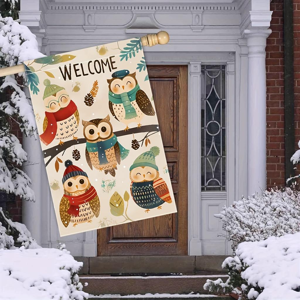 1pc Welcome Snowowl Decoration Large Garden Flag, Christmas Vacation House Courtyard Double-Sided Flag, Yard Decoration, Home Decoration, Garden Decor